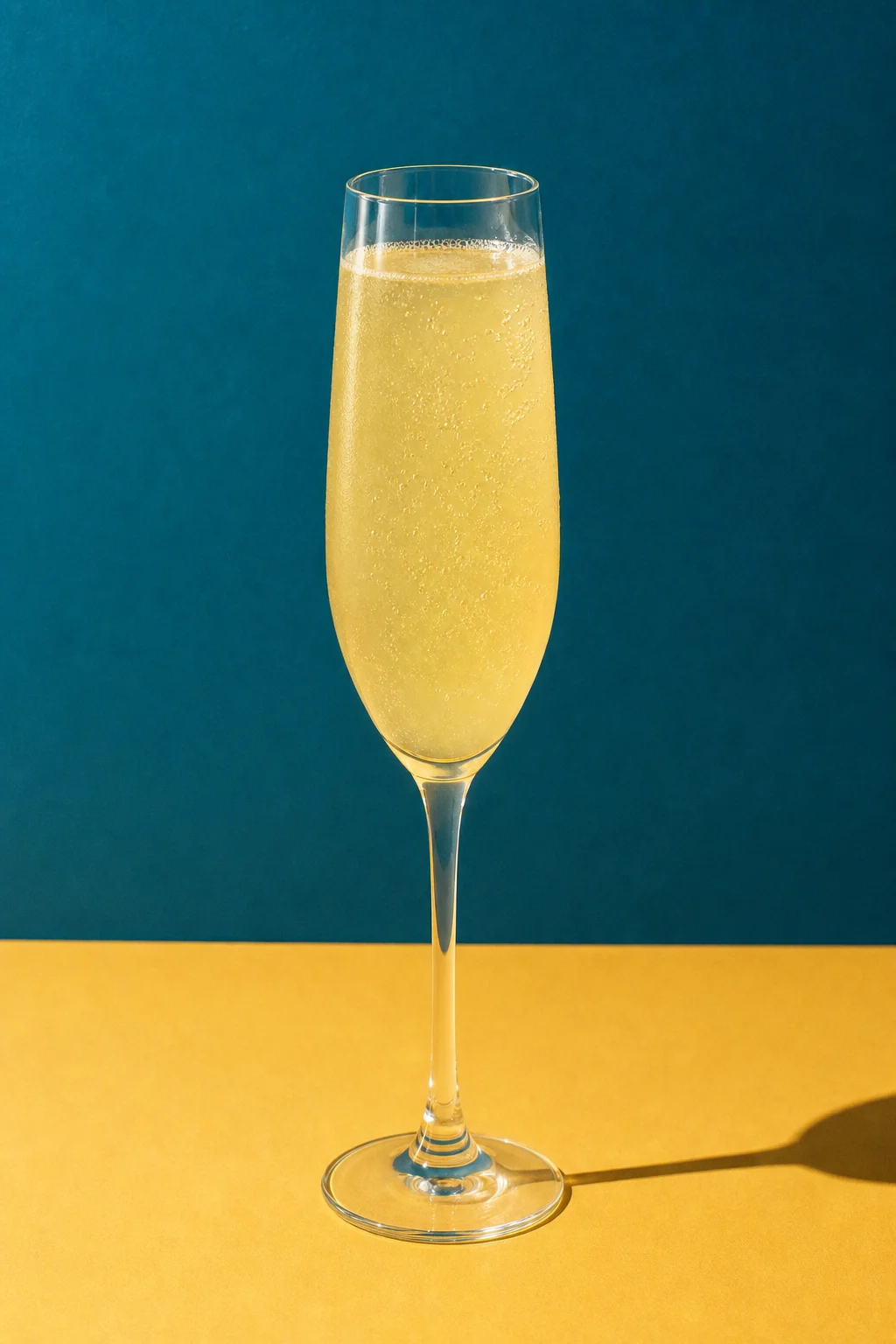 Calice flûte contenente un aperitivo Italiano secco, agrumato e frizzante con colore dorato chiaro